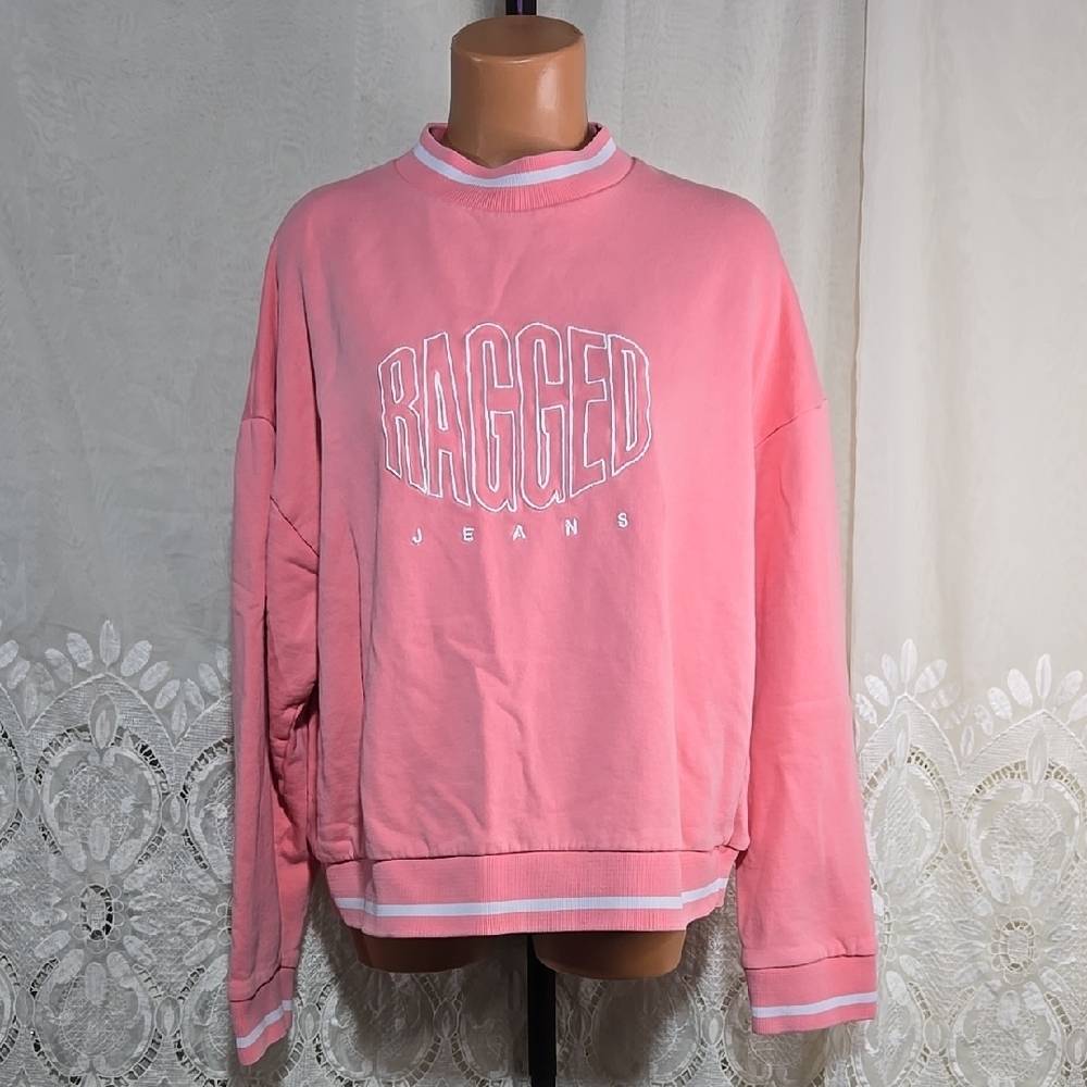 The Ragged Priest Ragged Jeans Crew Neck Pink & White Swestshirt Sz Small